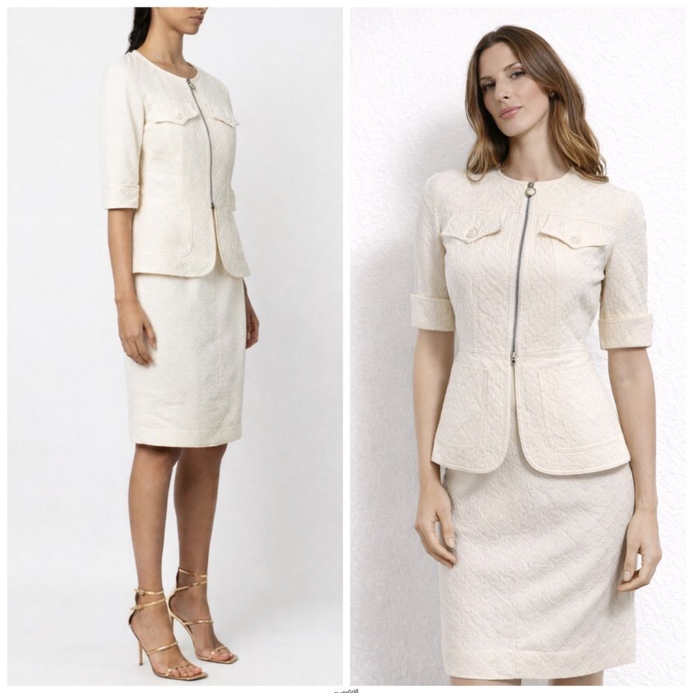 Christian Lacroix Vintage Cream White Textured Jacket Blazer Skirt suit Set